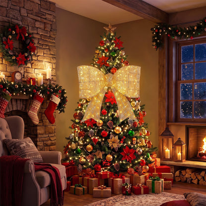 30" Christmas Lighted Bow Decoration with 120 PreLit Warm White LED Lights-Golden