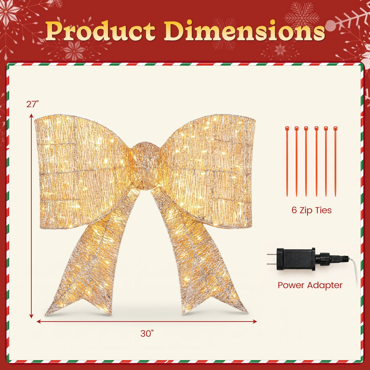 30" Christmas Lighted Bow Decoration with 120 PreLit Warm White LED Lights-Golden