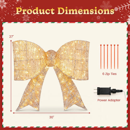30" Christmas Lighted Bow Decoration with 120 PreLit Warm White LED Lights-Golden
