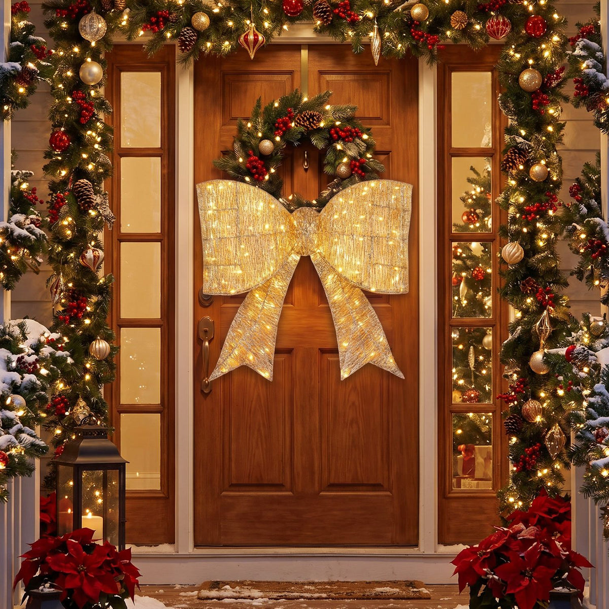 30" Christmas Lighted Bow Decoration Set of 2 with 120 Pre Lit Warm White LED Lights-Golden