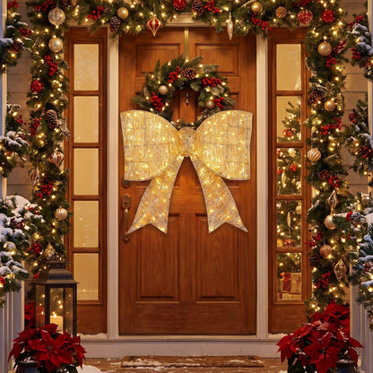 30" Christmas Lighted Bow Decoration Set of 2 with 120 Pre Lit Warm White LED Lights-Golden