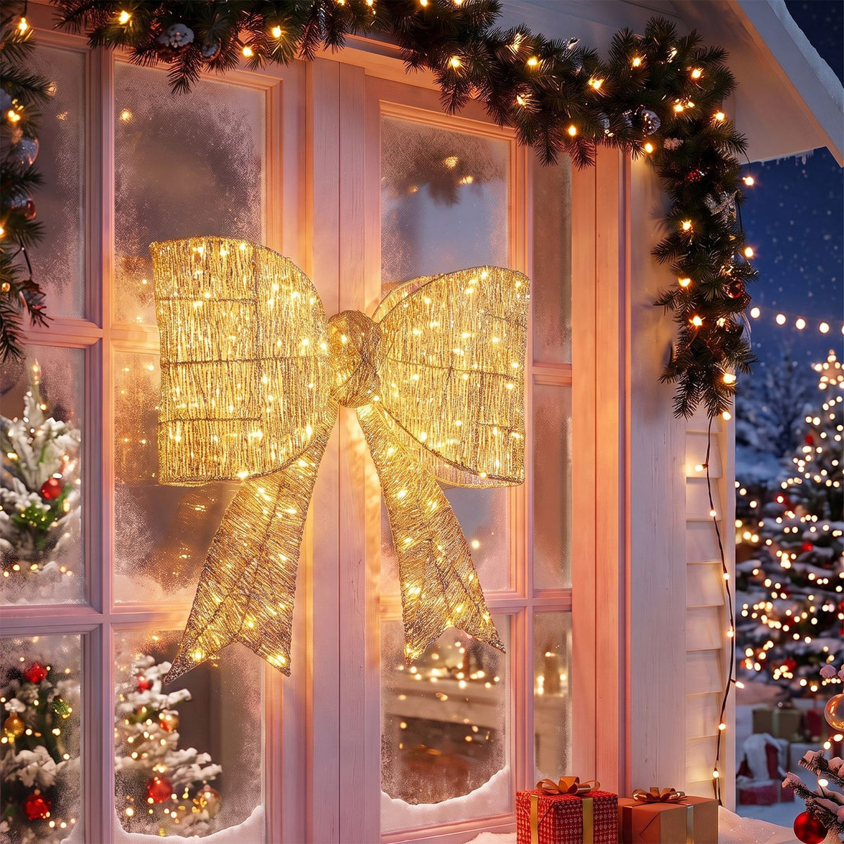 30" Christmas Lighted Bow Decoration Set of 2 with 120 Pre Lit Warm White LED Lights-Golden
