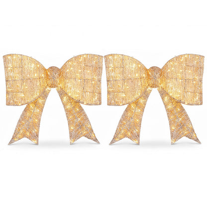 30" Christmas Lighted Bow Decoration Set of 2 with 120 Pre Lit Warm White LED Lights-Golden