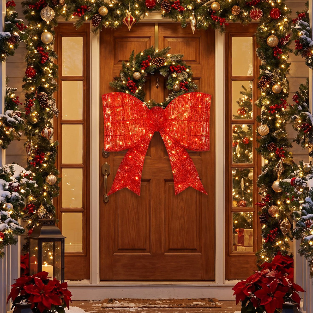 30" Christmas Lighted Bow Decoration Set of 2 with 120 Pre Lit Warm White LED Lights-Golden