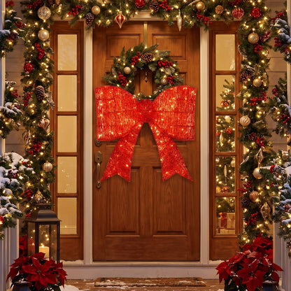 30" Christmas Lighted Bow Decoration Set of 2 with 120 Pre Lit Warm White LED Lights-Golden