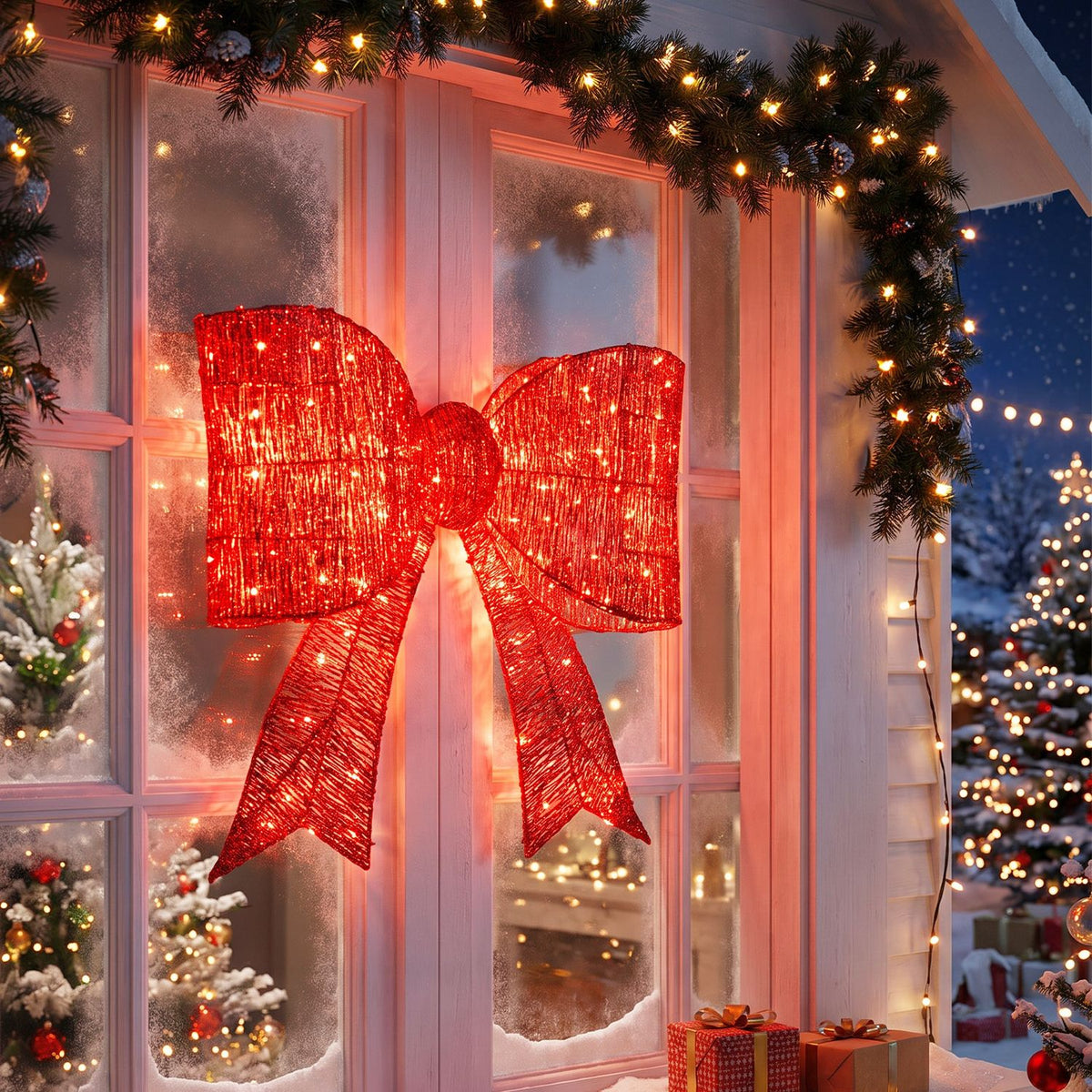 30" Christmas Lighted Bow Decoration Set of 2 with 120 Pre Lit Warm White LED Lights-Golden