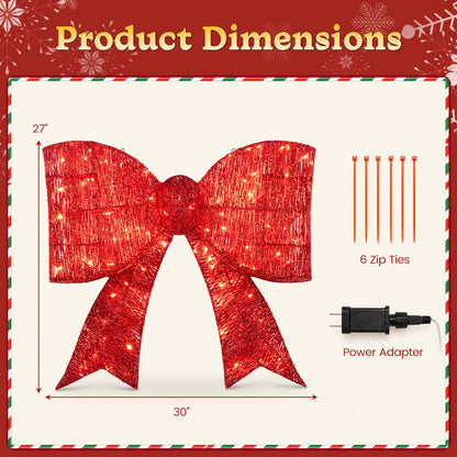 30" Christmas Lighted Bow Decoration Set of 2 with 120 Pre Lit Warm White LED Lights-Golden