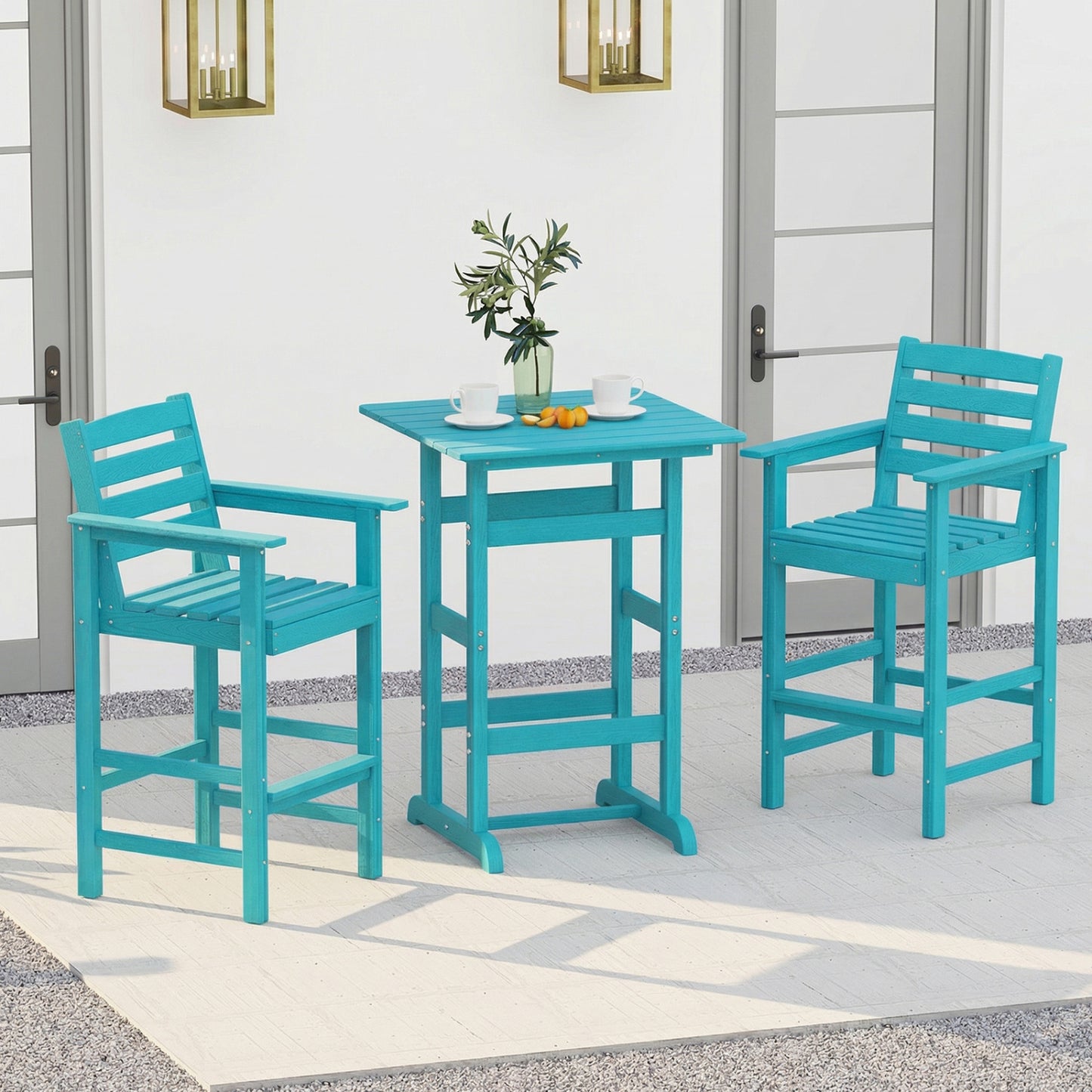 30 Inch Square Bar Table Dining Table with Slatted Tabletop for Poolside-Turquoise