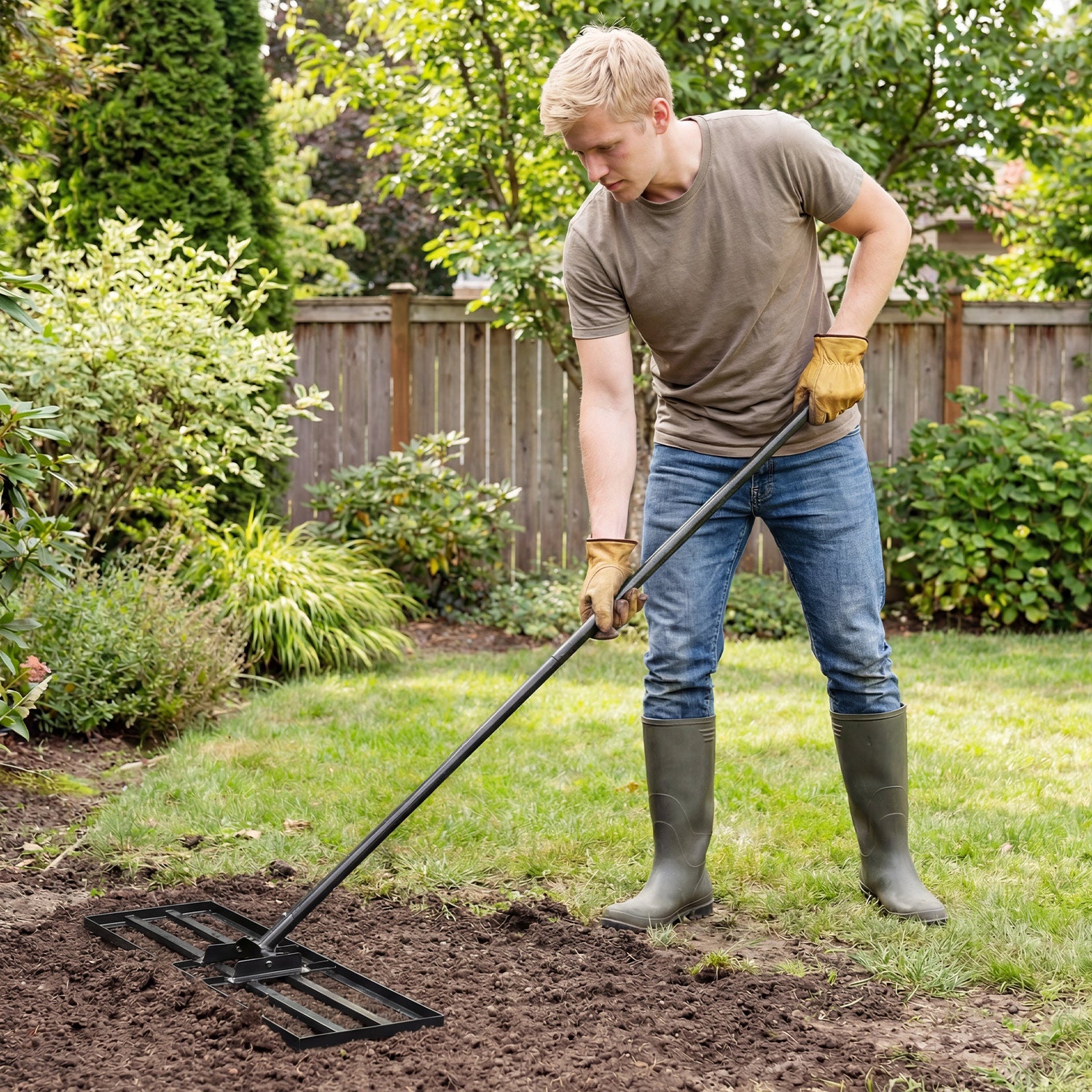 Heavy duty 30 x 10 inch lawn leveling tool with 69-inch handle in black, ideal for outdoor garden and lawn care.