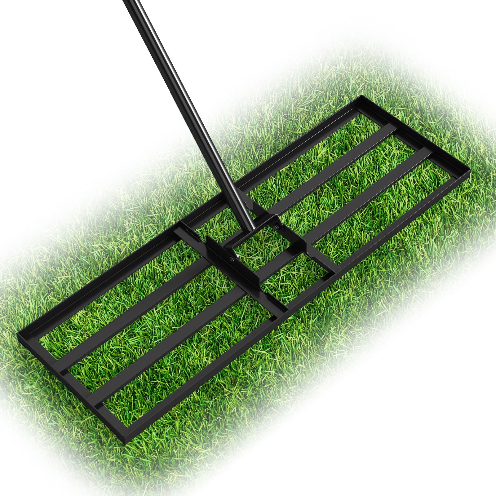 Heavy-duty 30x10 inch lawn leveling tool with 69-inch handle in black, ideal for outdoor garden and lawn care projects.