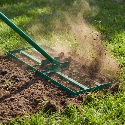 Heavy-duty 30x10 inch lawn level tool with 69-inch handle in black for garden and lawn care by Wilsons Home Store.