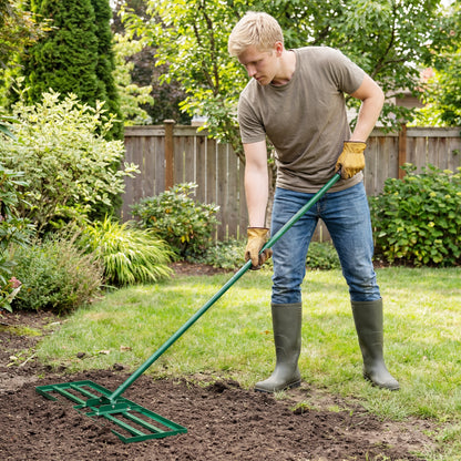 Heavy-duty 30x10 inch lawn leveling tool with 69-inch handle in black, designed for garden and lawn care tasks.