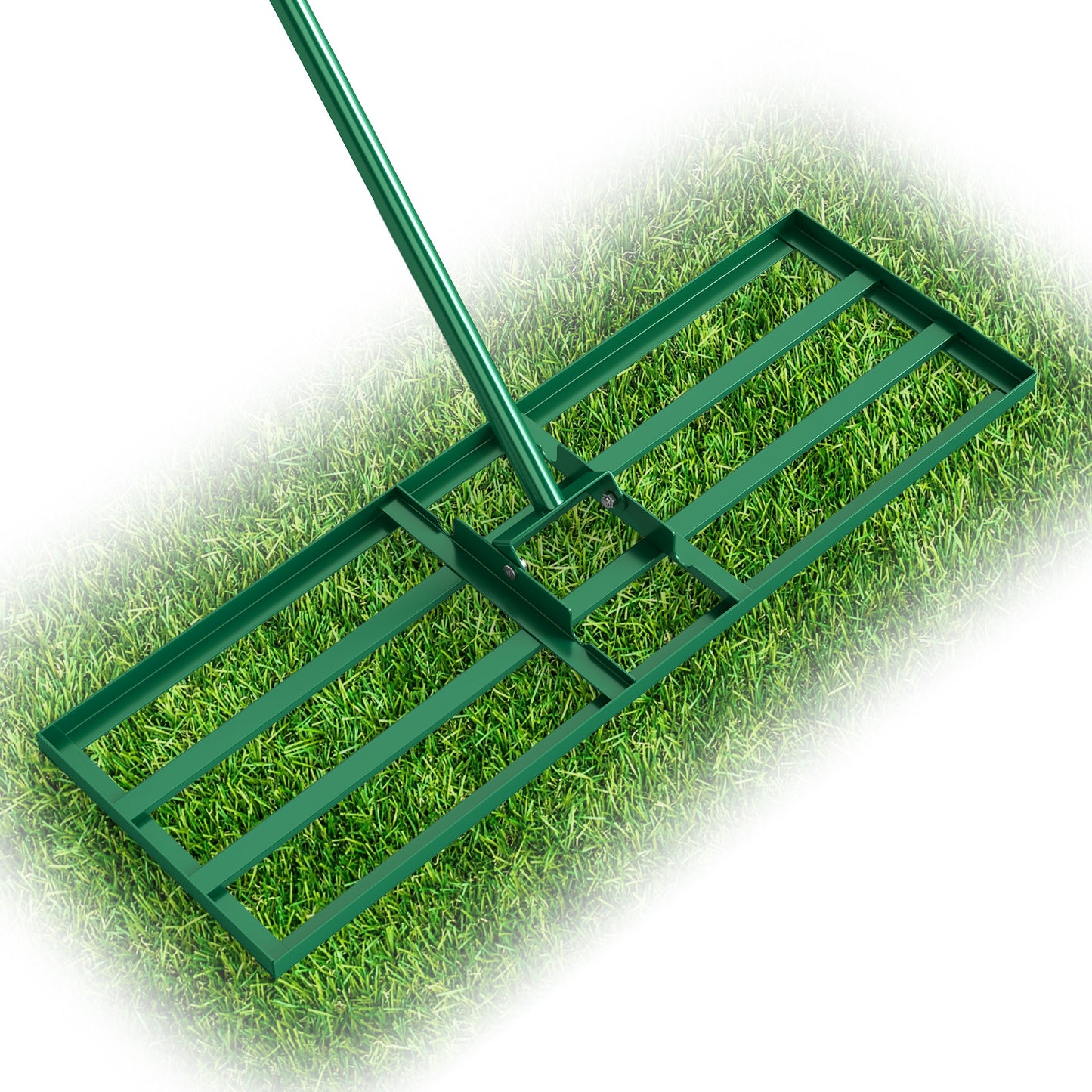 Heavy-duty 30 x 10 inch lawn leveling tool with 69-inch handle, black outdoor garden tool for lawn care.