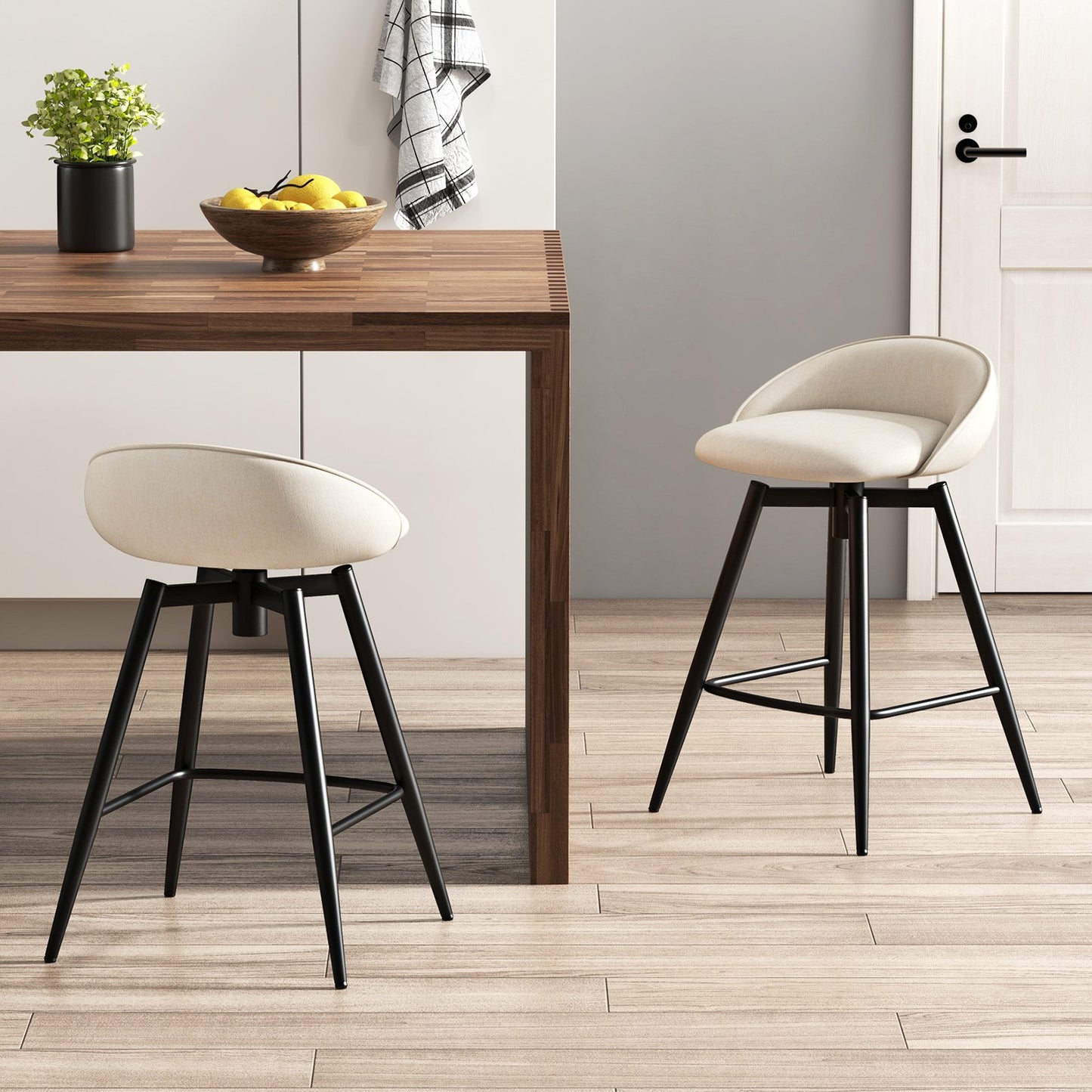Upholstered Bar Stools Set of 2 with Footrest and Backrest-Beige