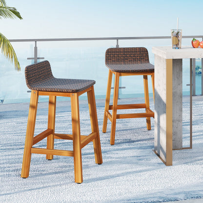 Solid Acacia Wood Bar Stools Set of 2 with Backrests and Footrests for Porch-Brown