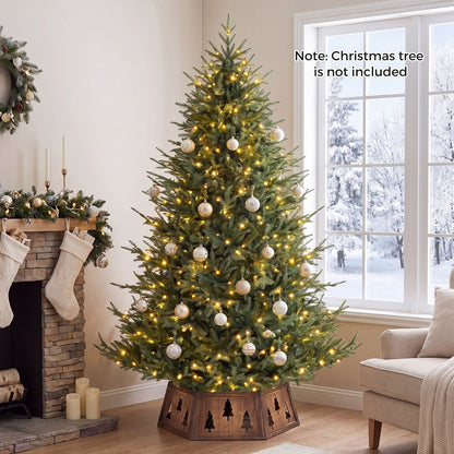 Decorative 31.5-inch Christmas tree collar with antler design, fits 6-9 ft artificial trees, easy tool-free setup, by Wilsons Home Store.