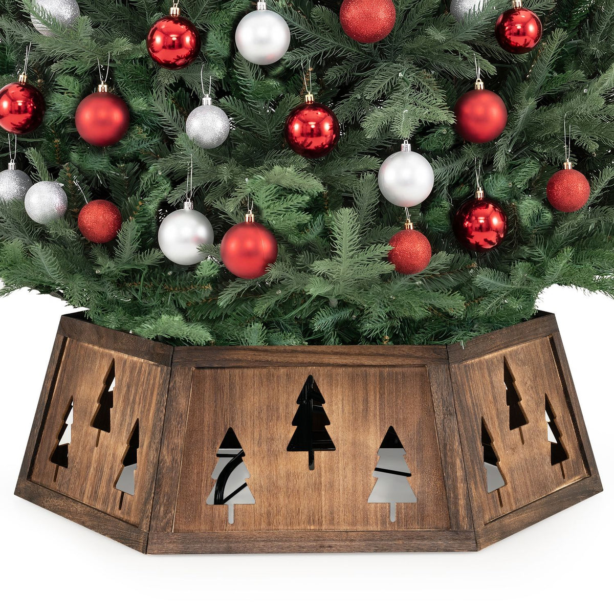 Christmas tree collar for 6-9 ft artificial trees, with antler design, tool-free setup, by Wilsons Home Store.