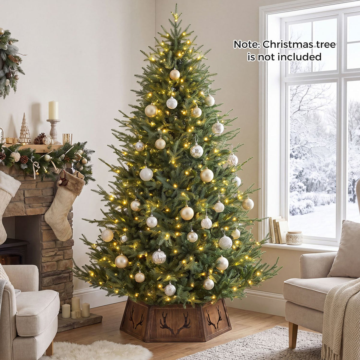 Decorative 31.5-inch Christmas tree collar with antler design for 6-9 ft artificial trees, easy tool-free setup by Wilsons.