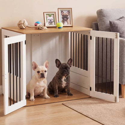 31.5” Dog Crate Furniture Wooden Dog Kennel with Double Lock Doors-White