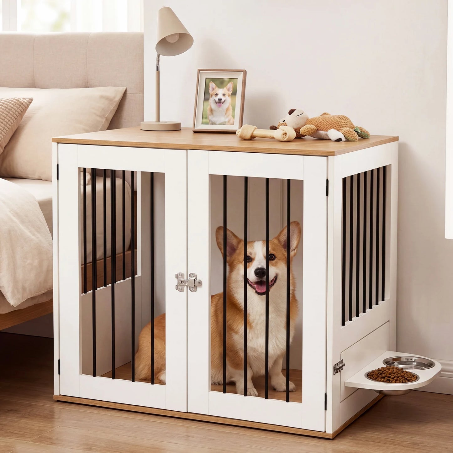 31.5” Dog Crate Furniture Wooden Dog Kennel with Double Lock Doors-White