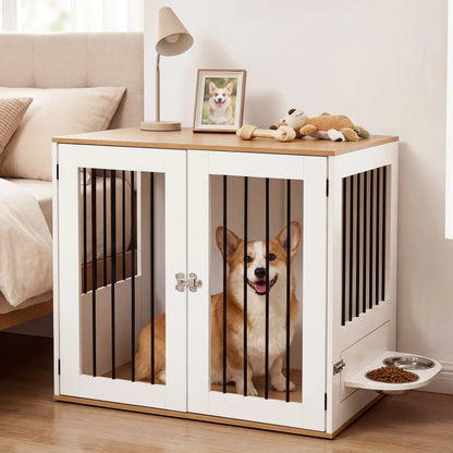 31.5” Dog Crate Furniture Wooden Dog Kennel with Double Lock Doors-White