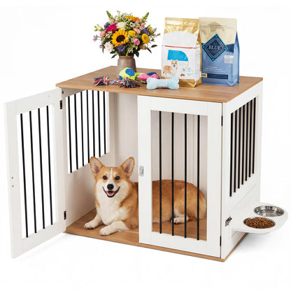 31.5” Dog Crate Furniture Wooden Dog Kennel with Double Lock Doors-White