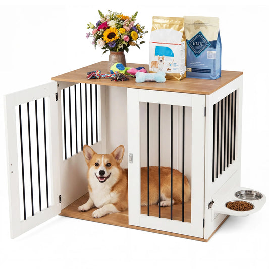 31.5” Dog Crate Furniture Wooden Dog Kennel with Double Lock Doors-White