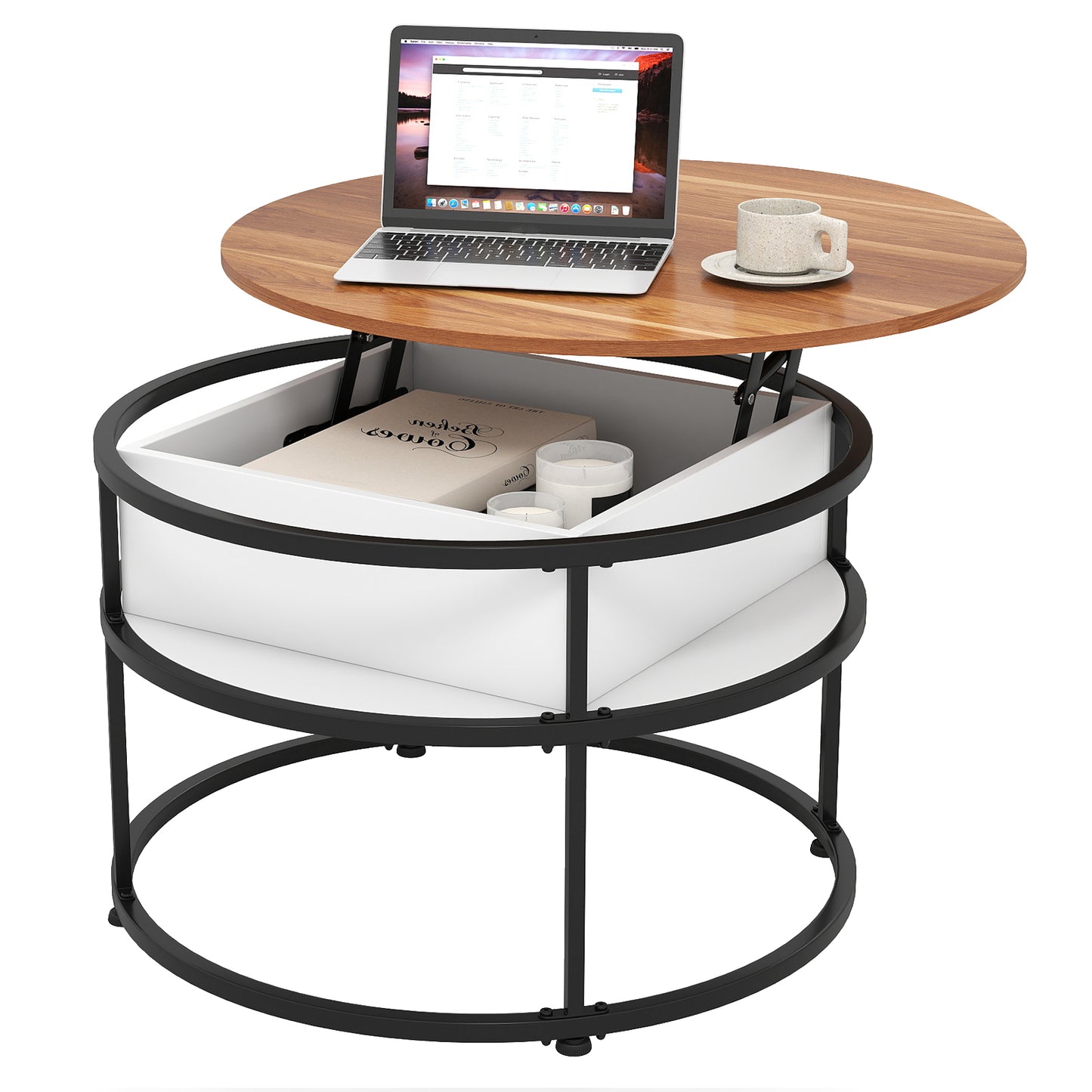 31.5 Inch Round Lift Top Coffee Table with Hidden Compartment and Side Shelves-Teak