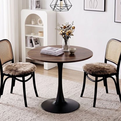 Walnut 31.5-inch tulip dining table with thickened top and metal pedestal base, ideal for small kitchens or dining areas