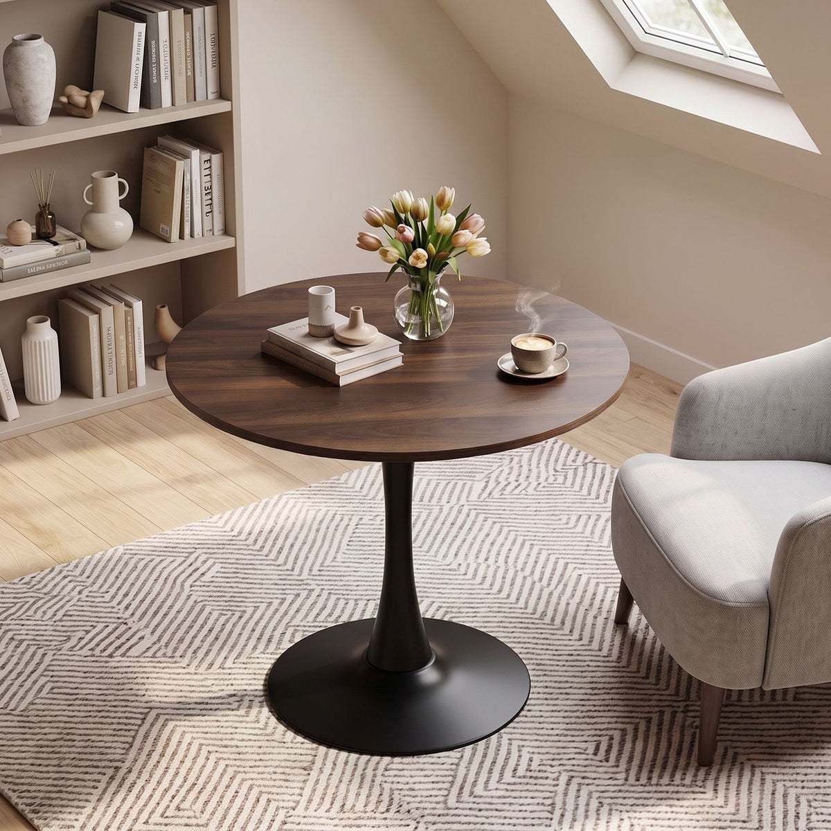 Wooden 31.5-inch tulip dining table with thick top and metal pedestal base, ideal for small kitchens or dining areas.