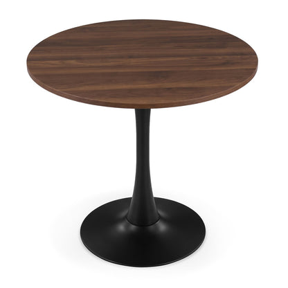 Wooden 31.5-inch tulip dining table with metal pedestal base, perfect for small spaces, walnut finish, designed for 2-4 people.