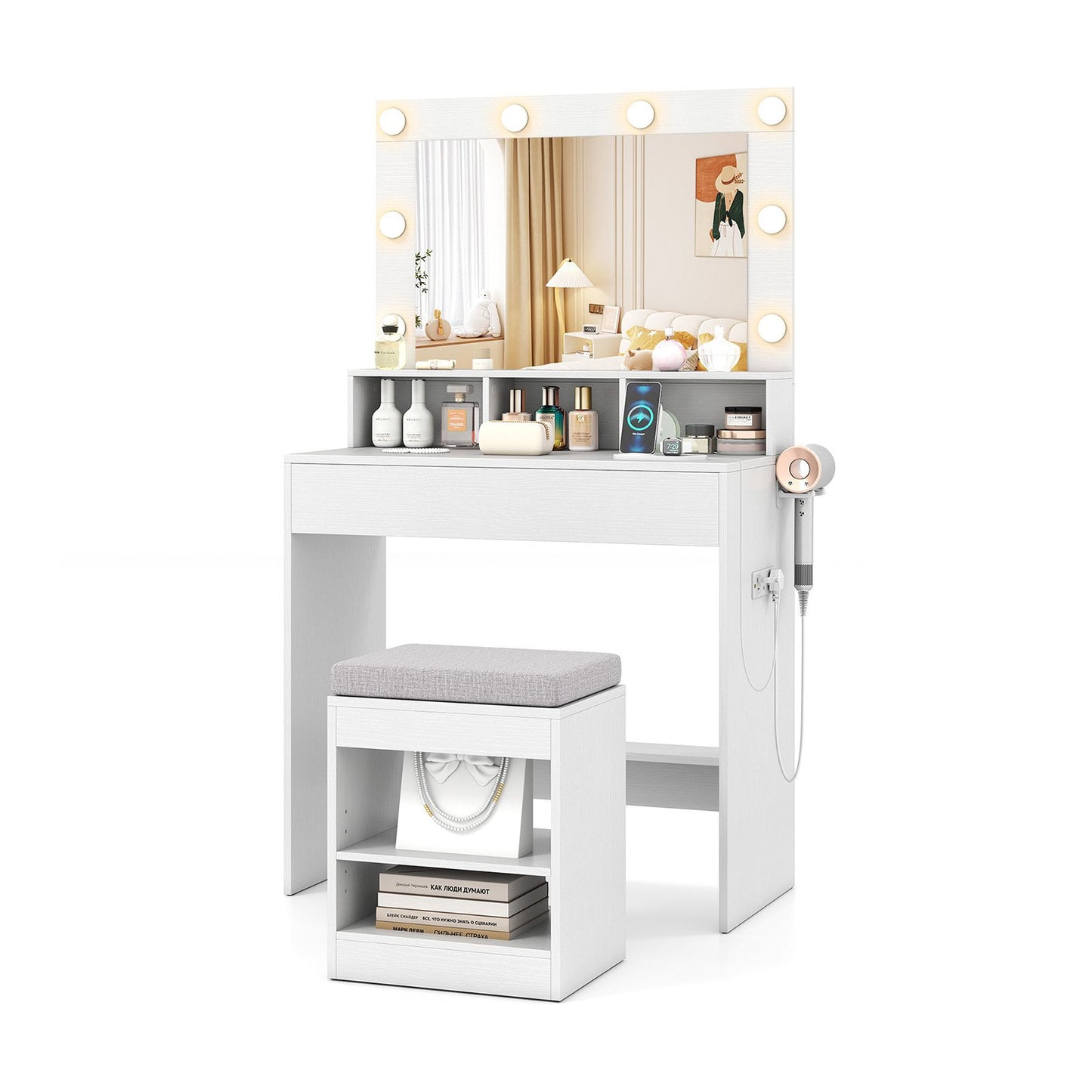 31.5 Inches Vanity Desk with 3 Lighting Modes and Storage Shelves-White