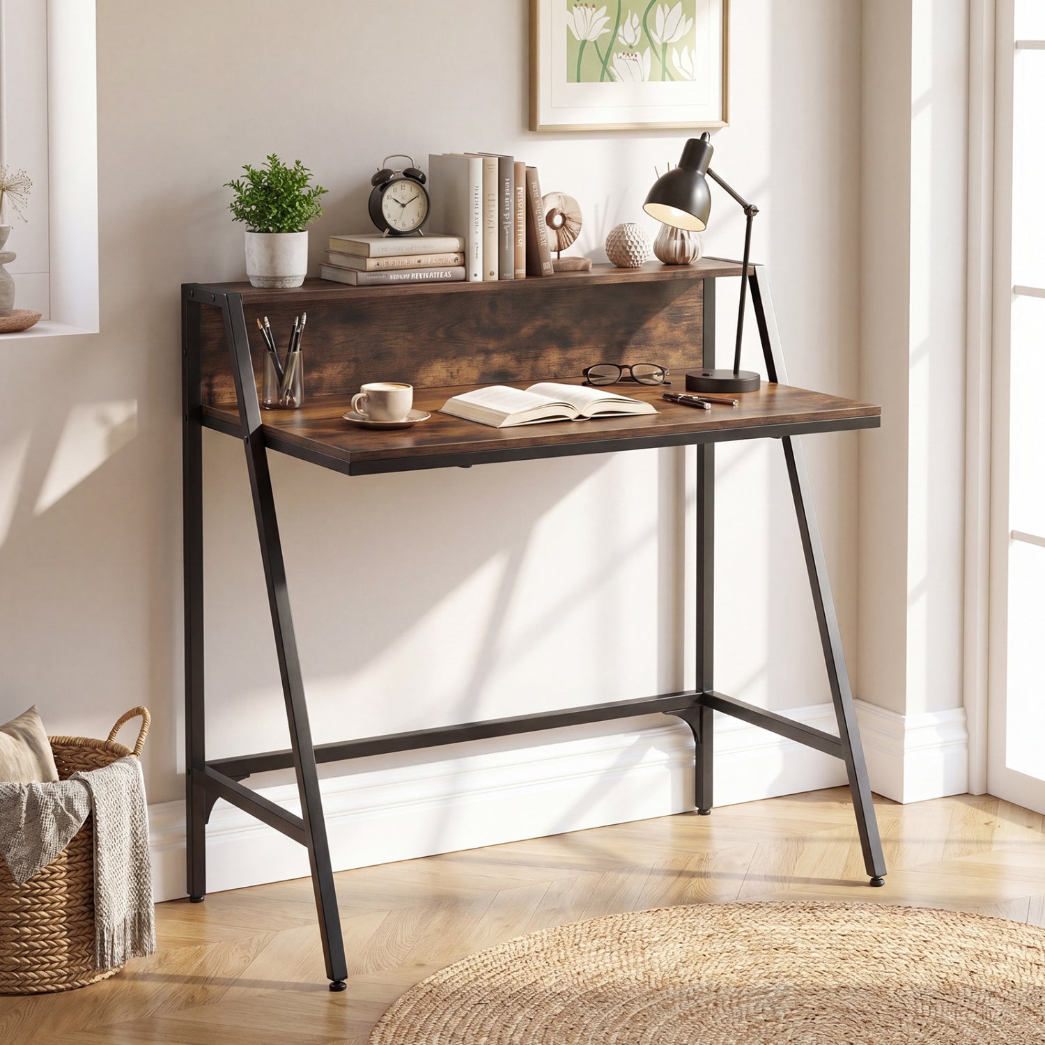 Black 31.5-inch industrial desk with raised shelf and metal frame, suitable for modern home office or computer workspace.