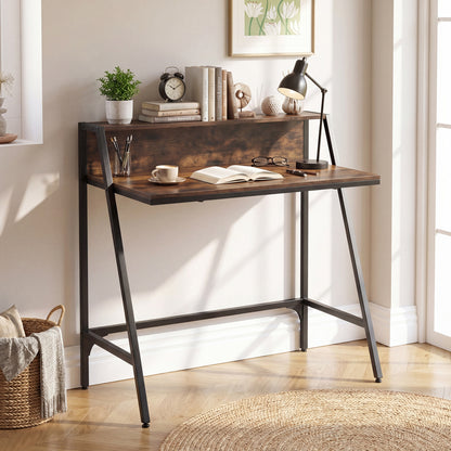 Black 31.5-inch industrial desk with raised shelf and metal frame, suitable for modern home office or computer workspace.
