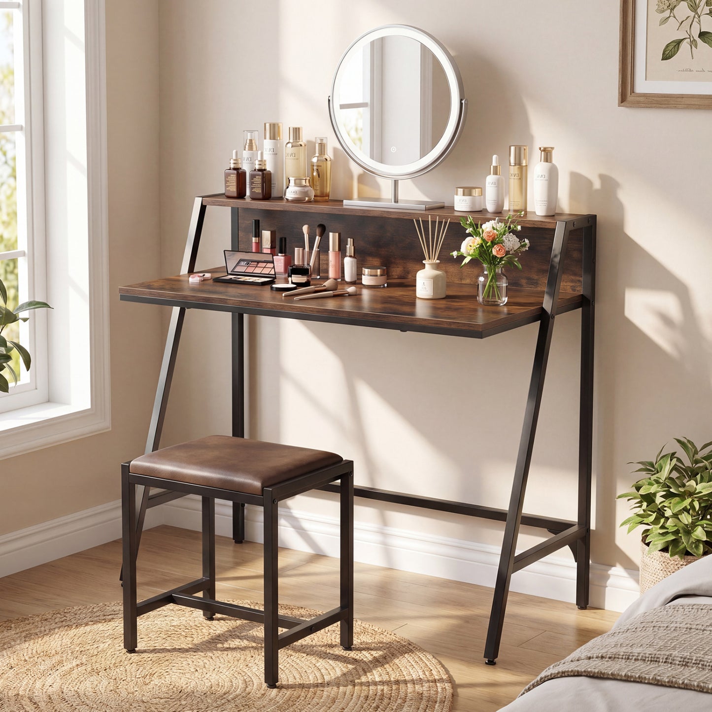 Black 31.5-inch industrial desk with raised shelf and metal frame, ideal for home office or computer workspace.