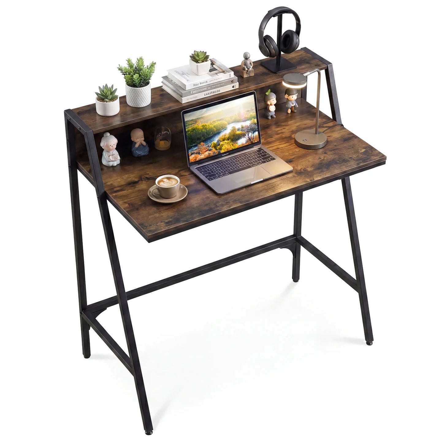 Black 31.5-inch industrial office desk with raised shelf and metal frame, ideal for home office or workspace setup.
