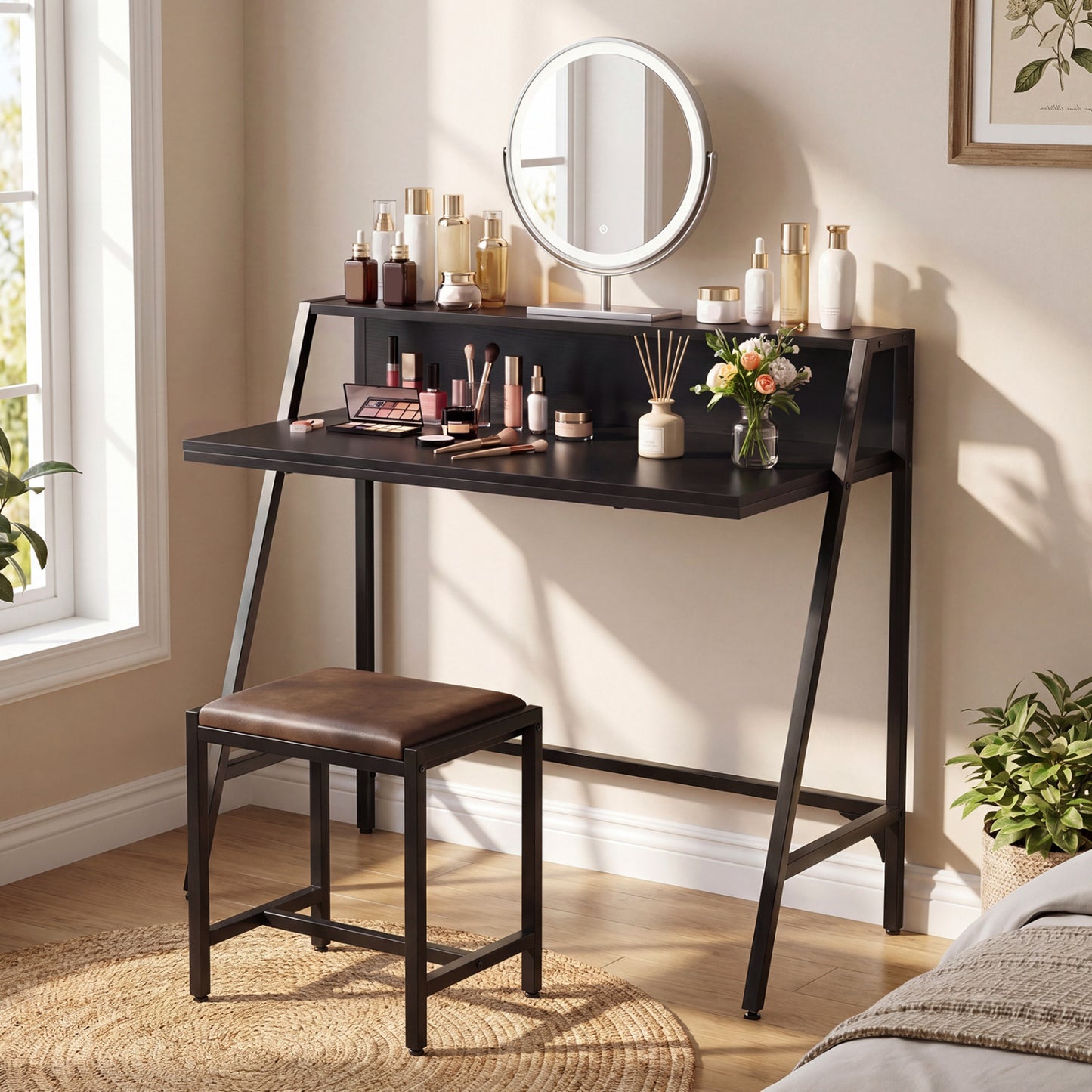 Black 31.5-inch industrial desk with raised shelf and metal frame, ideal for home office or computer workspace.