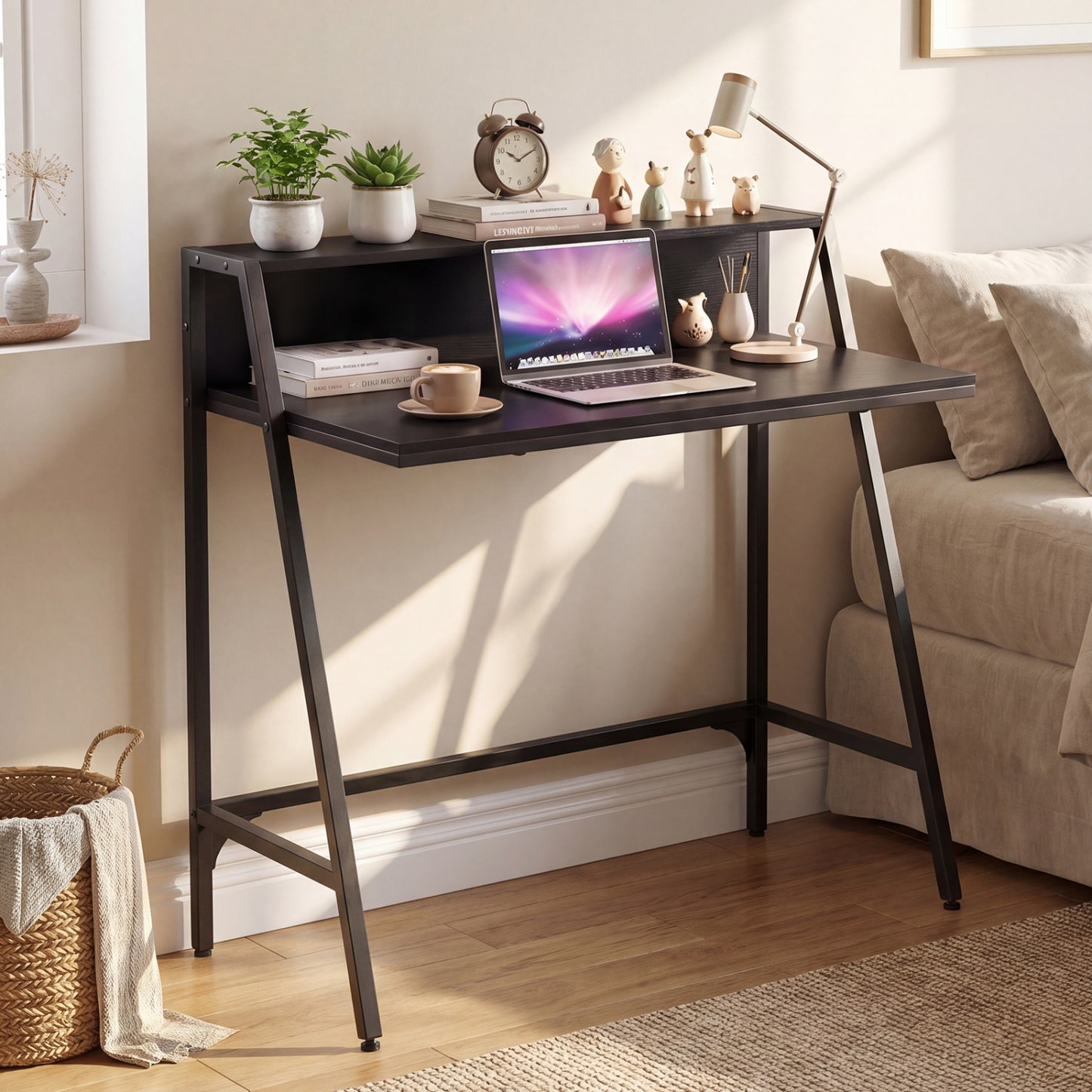 Black 31.5-inch industrial desk with raised shelf and metal frame, ideal for home office or computer workspace.