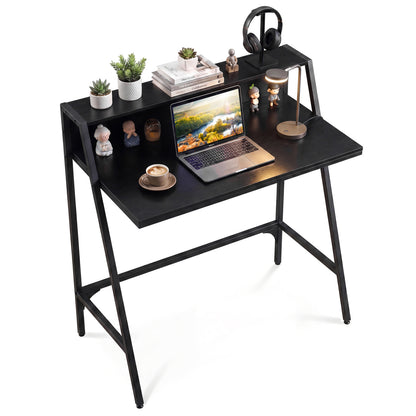 Black 31.5-inch industrial desk with raised shelf and metal frame, ideal for home office or computer workspace.