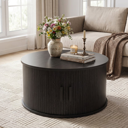 31.5" Round Coffee Table with Storage and Sliding Tambour Door for Living Room-Black