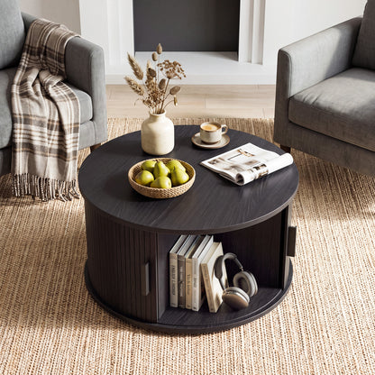 31.5" Round Coffee Table with Storage and Sliding Tambour Door for Living Room-Black