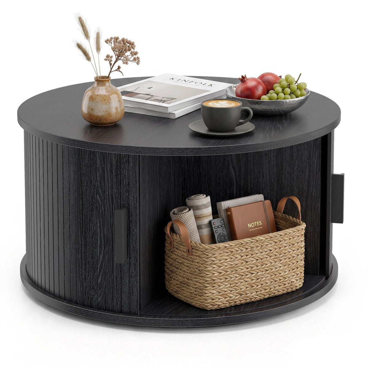 31.5" Round Coffee Table with Storage and Sliding Tambour Door for Living Room-Black