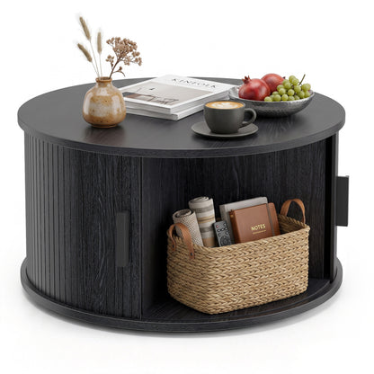 31.5" Round Coffee Table with Storage and Sliding Tambour Door for Living Room-Black