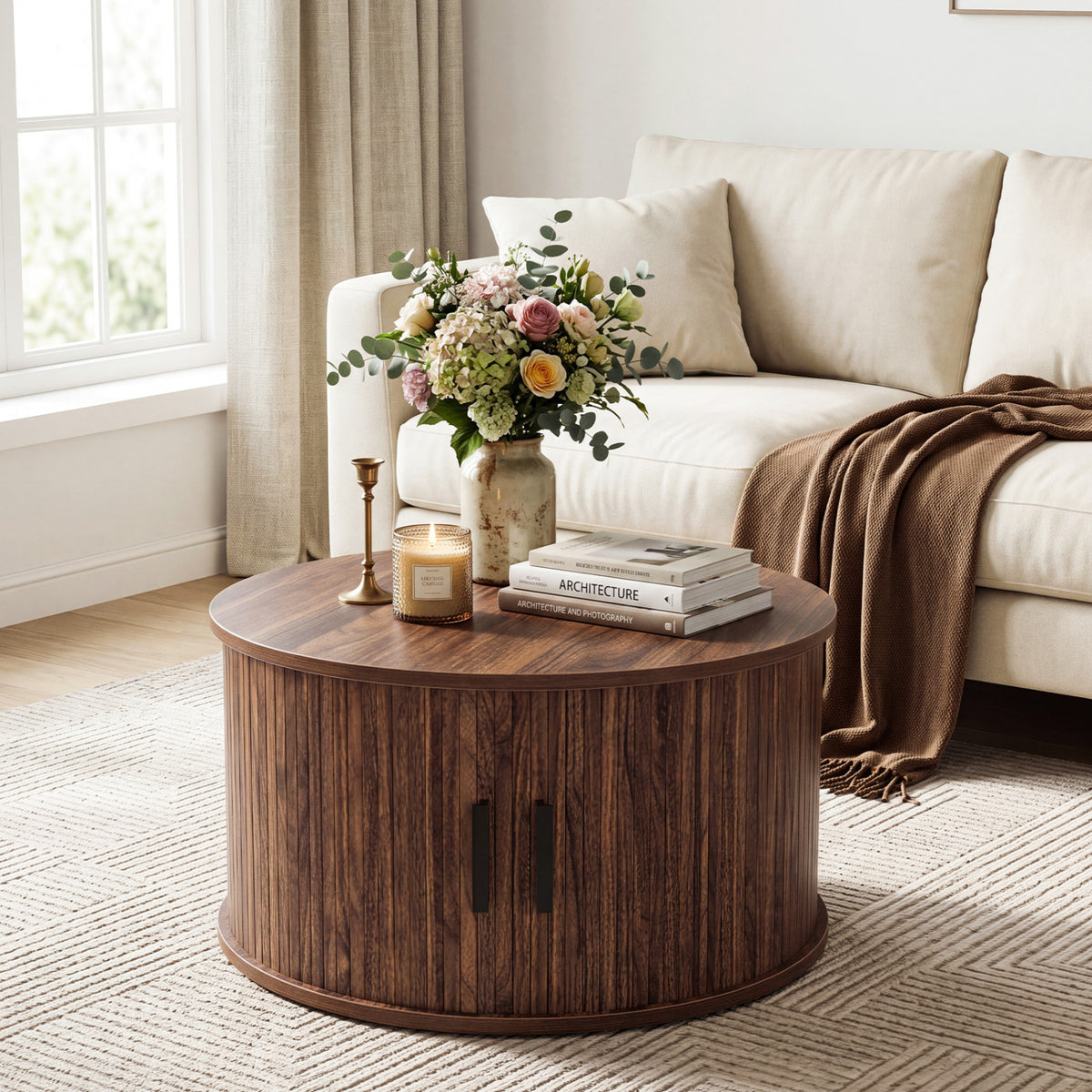 31.5" Round Coffee Table with Storage and Sliding Tambour Door for Living Room-Black