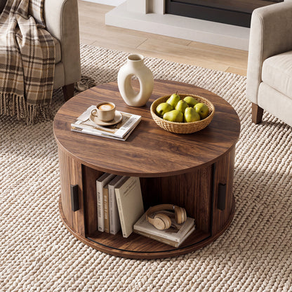 31.5" Round Coffee Table with Storage and Sliding Tambour Door for Living Room-Black