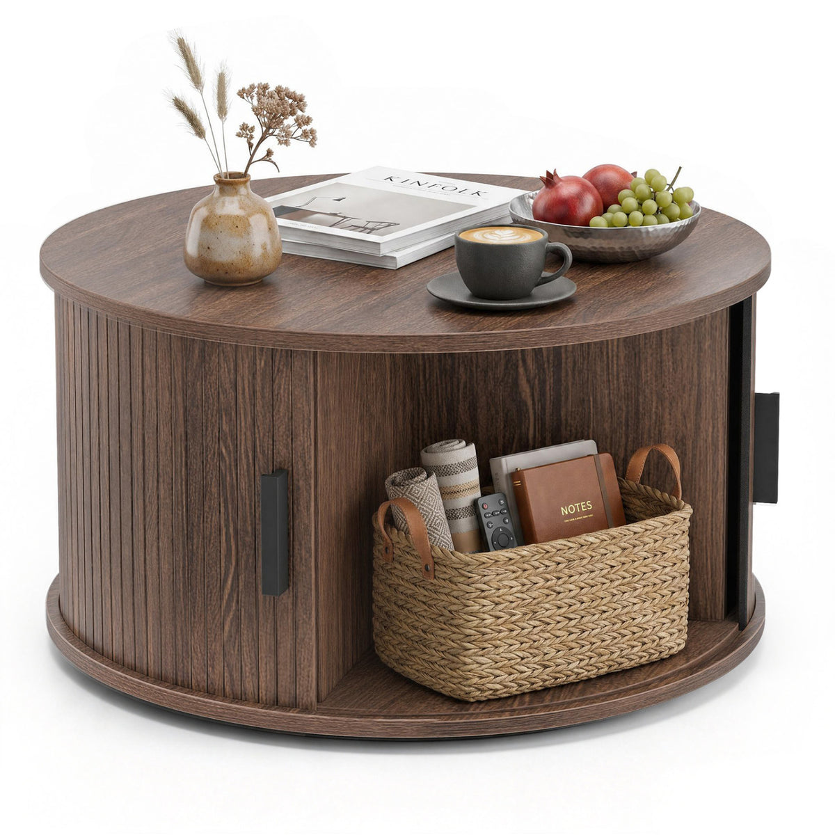 31.5" Round Coffee Table with Storage and Sliding Tambour Door for Living Room-Black