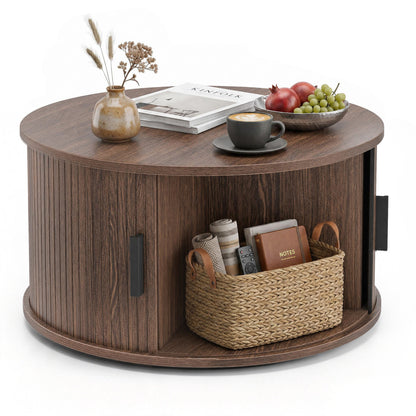 31.5" Round Coffee Table with Storage and Sliding Tambour Door for Living Room-Black