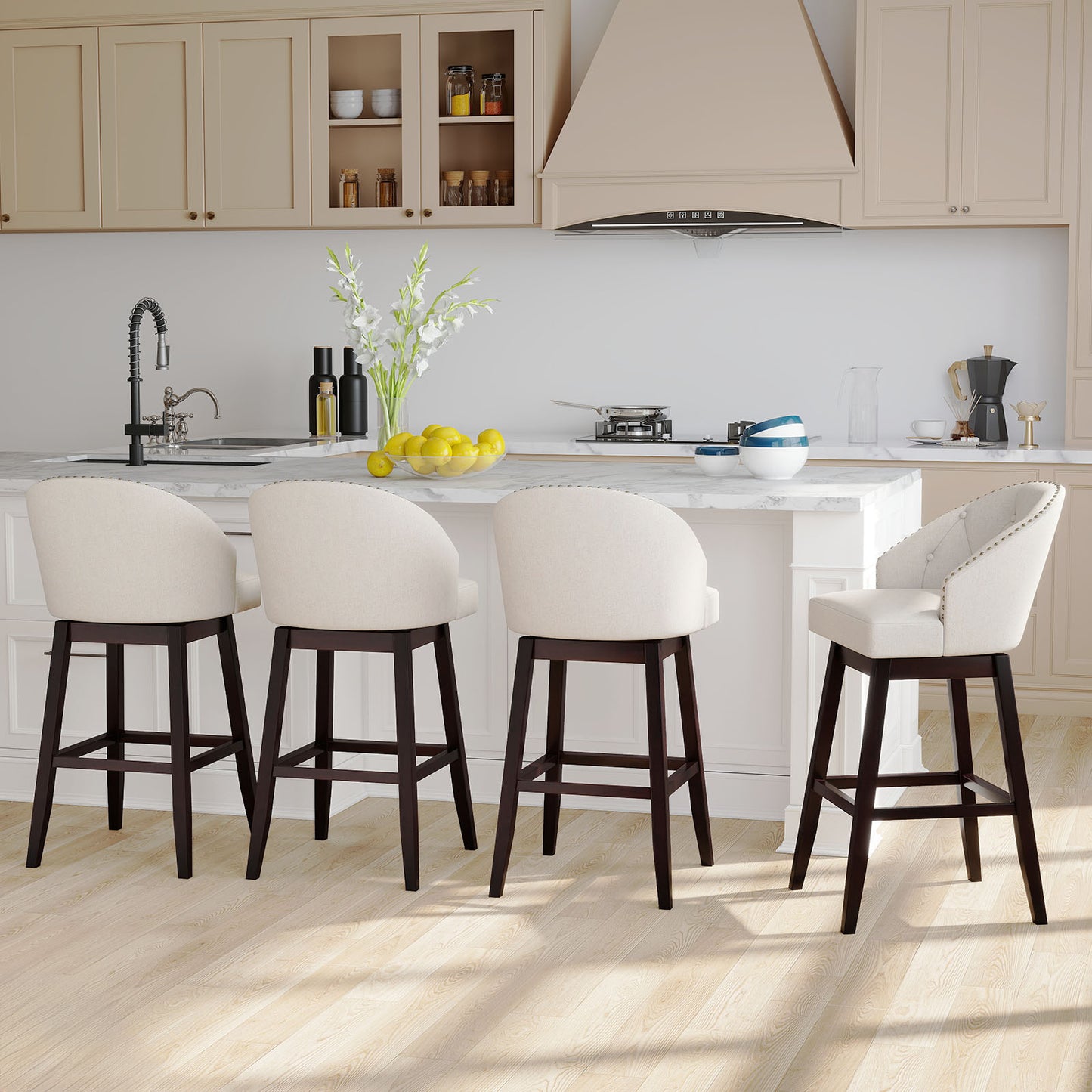 31 Inch Bar Stools Set of 4 Padded Bar Height Chairs with Rubber Wood Frame Swivel Seat-Beige