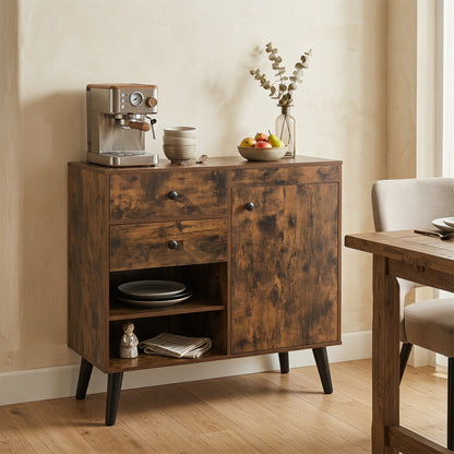 Natural wood 31-inch sideboard cabinet with two open compartments and two drawers for kitchen or dining storage.