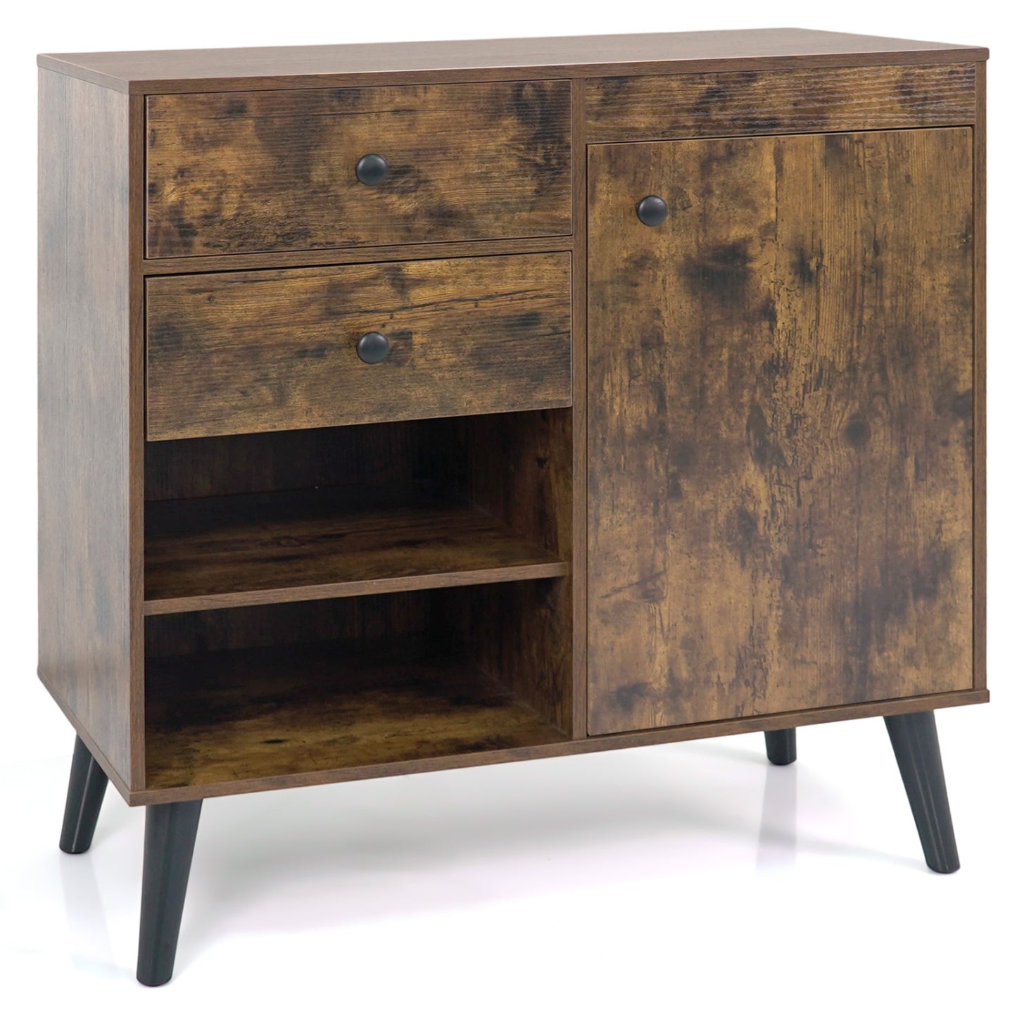 Natural wood 31-inch sideboard cabinet with two open compartments and two drawers, ideal for kitchen or dining storage.